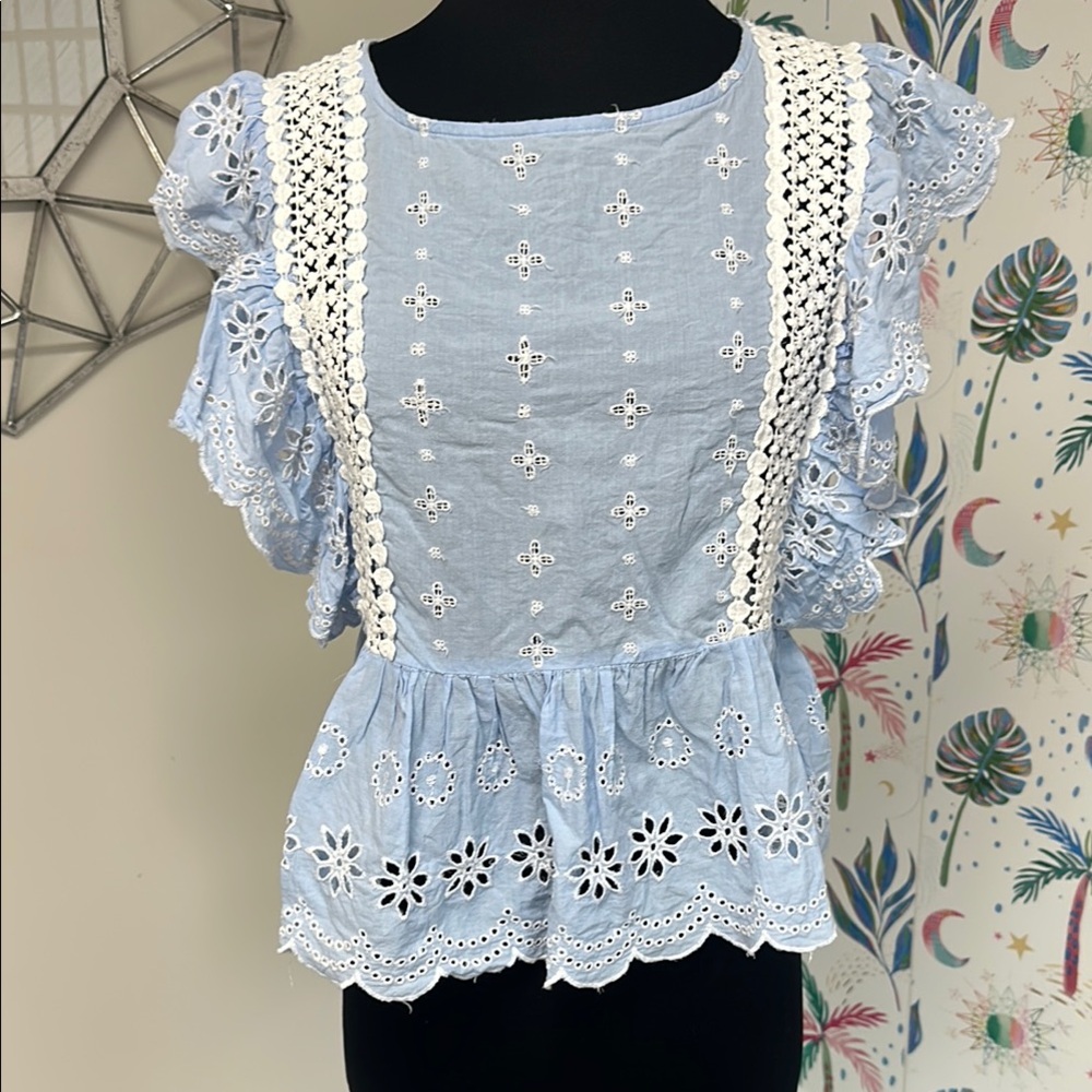 Blue and White Flutter Sleeve Peplum Blouse